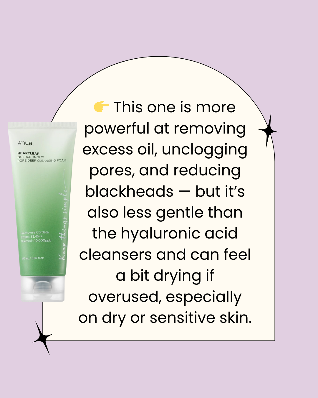 Anua Heartleaf Quercetin Pore Deep Cleansing Foam grüne Tube neben Text über ölentfernende und porenreinigende Wirkung in koreanischer Hautpflege